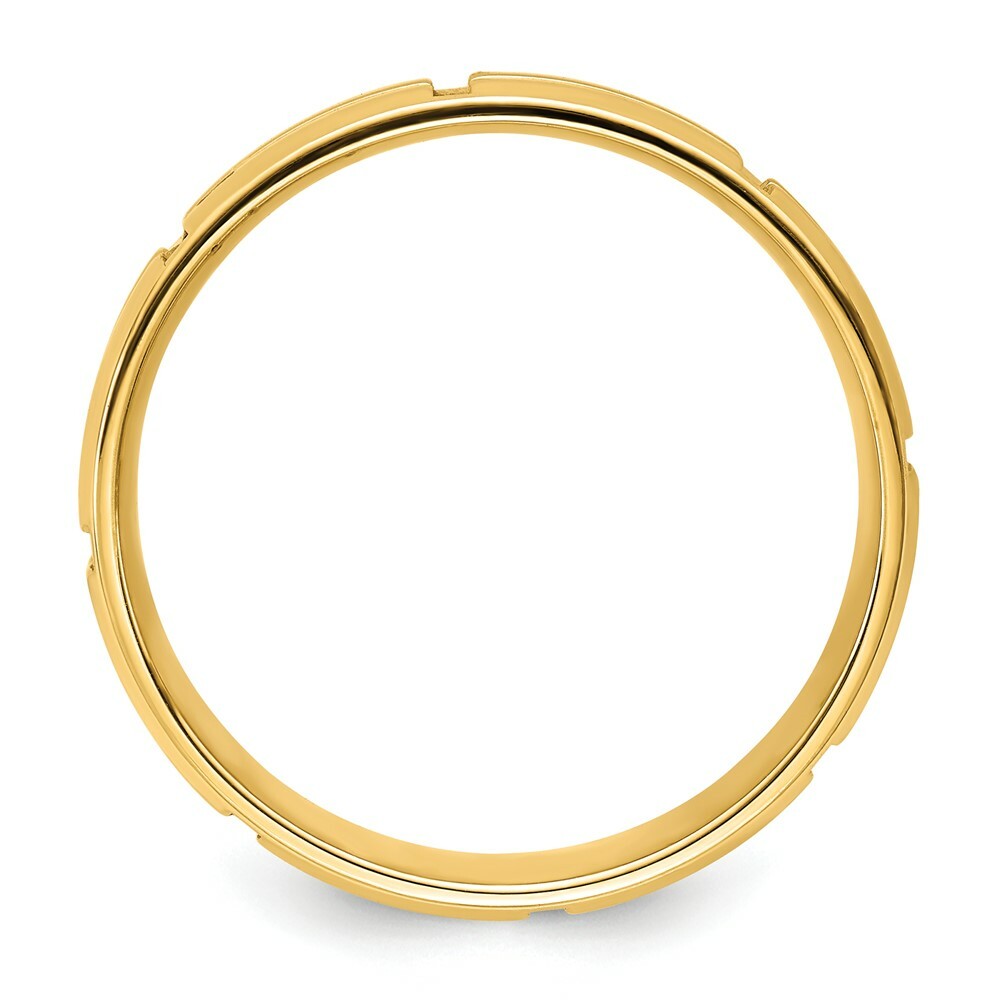 14K Yellow Gold Standard Comfort Fit Cross Grooved Beveled Edge Fancy Wedding Band Ring