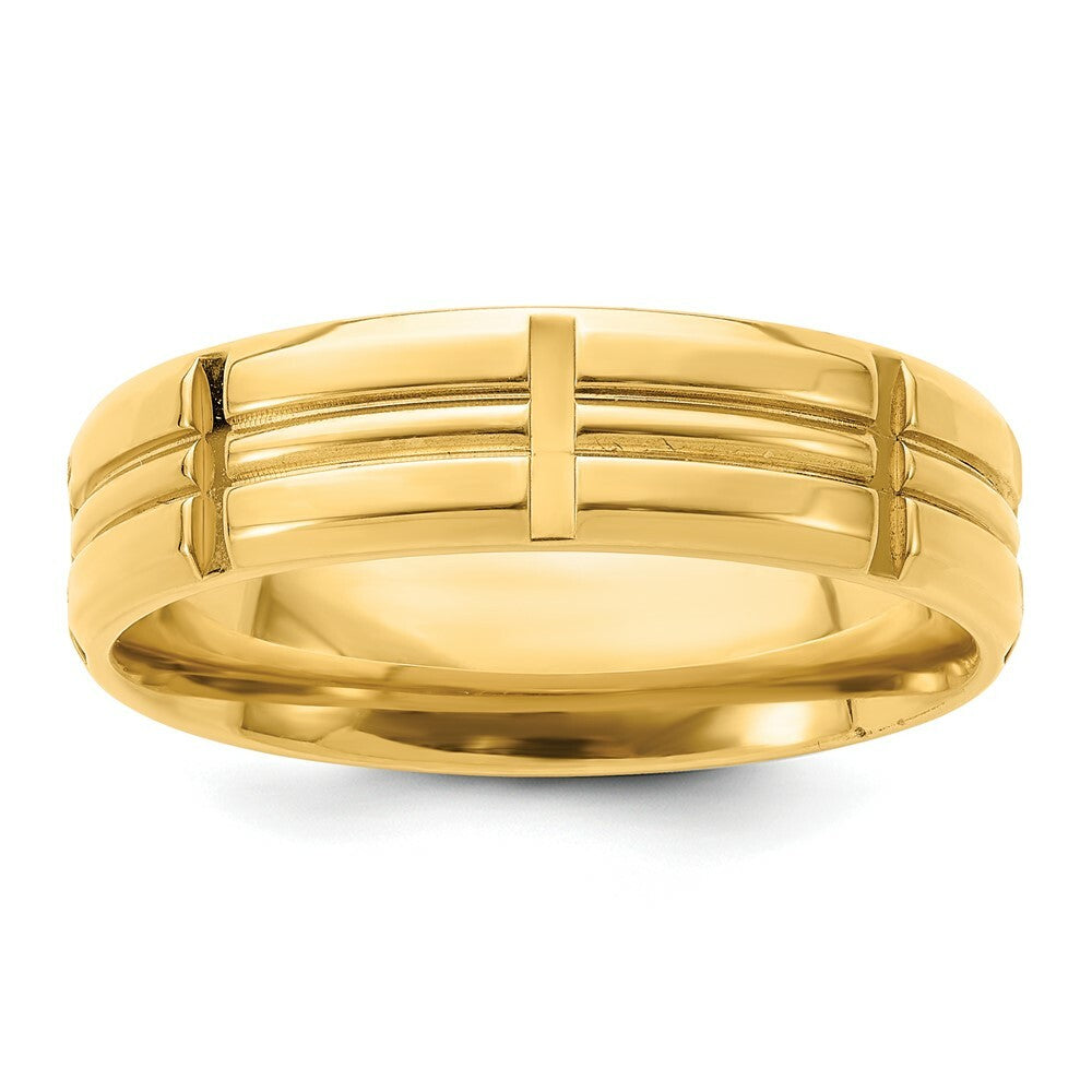 14K Yellow Gold Standard Comfort Fit Cross Grooved Beveled Edge Fancy Wedding Band Ring