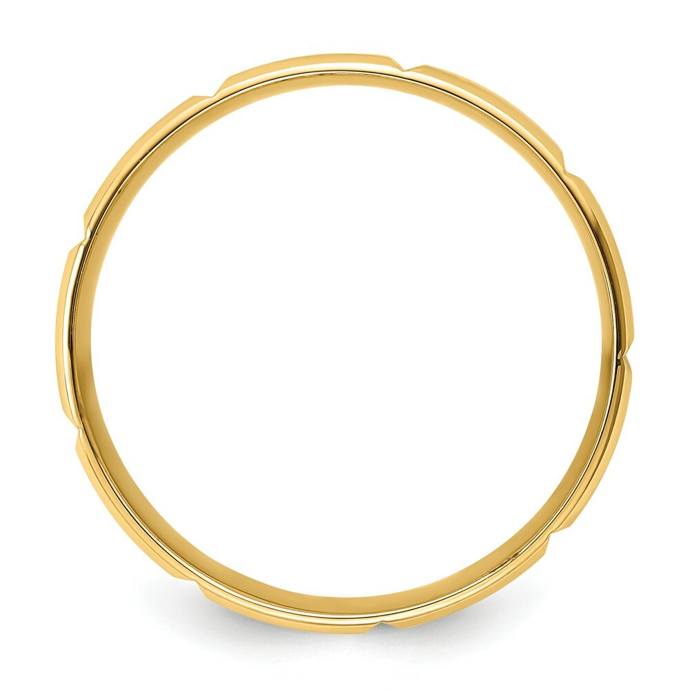 14K Yellow Gold Comfort Fit Satin Finish Beveled Edge Block Grooved Fancy Wedding Band Ring