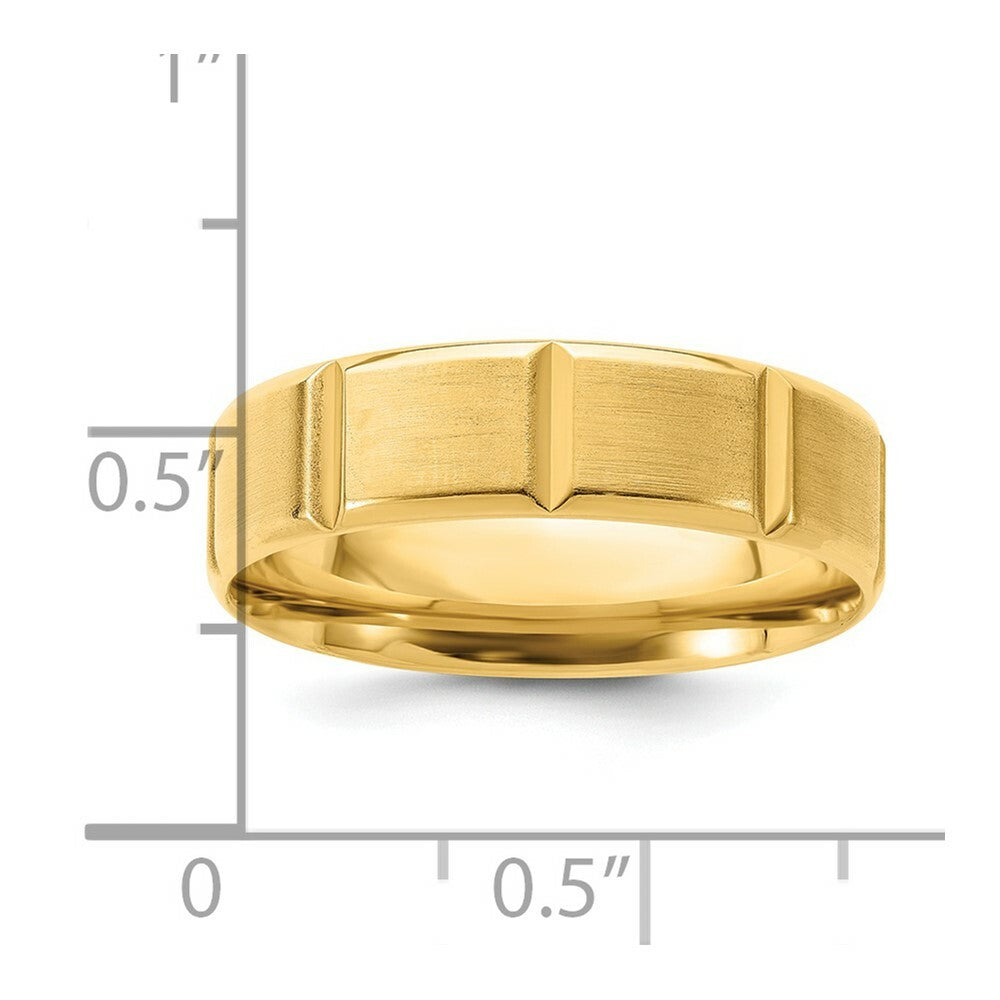 14K Yellow Gold Comfort Fit Satin Finish Beveled Edge Block Grooved Fancy Wedding Band Ring