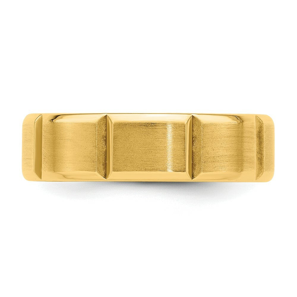 14K Yellow Gold Comfort Fit Satin Finish Beveled Edge Block Grooved Fancy Wedding Band Ring