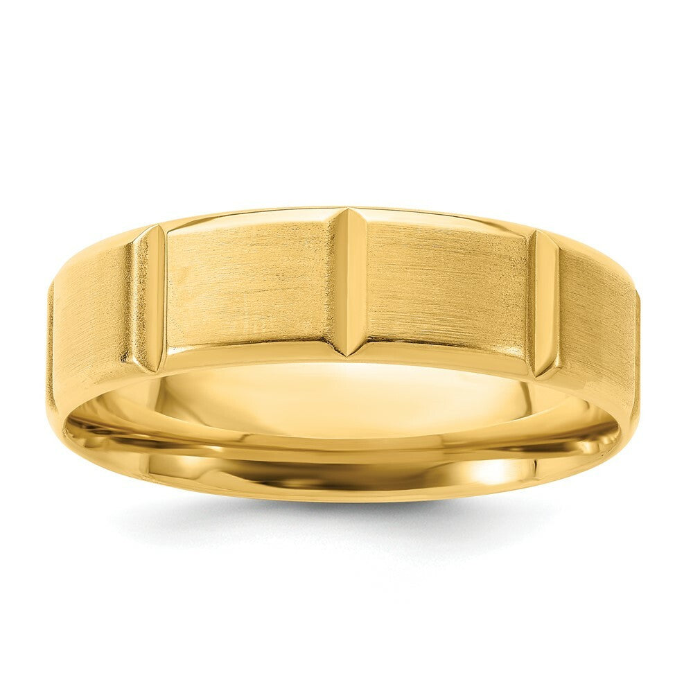 14K Yellow Gold Standard Comfort Fit Fancy Beveled Edge Grooved Wedding Band Ring