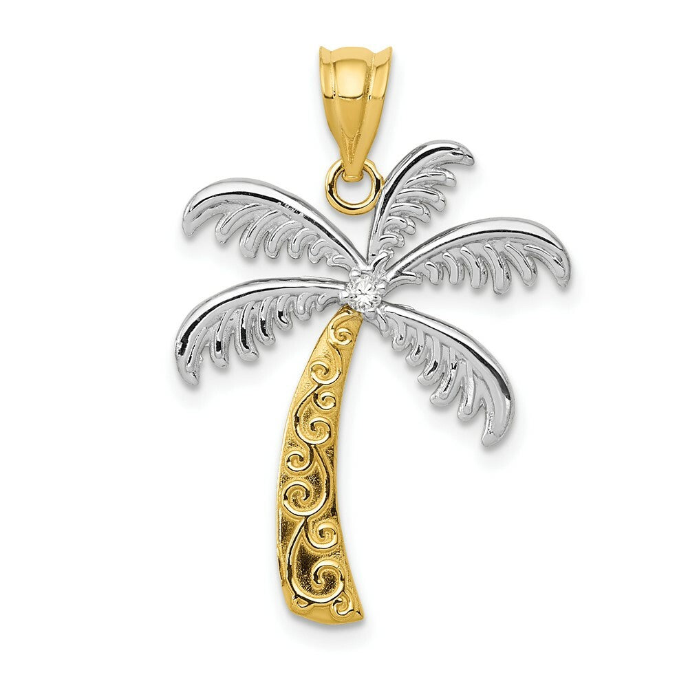 14K Yellow Gold & Rhodium Diamond Palm Tree Pendant