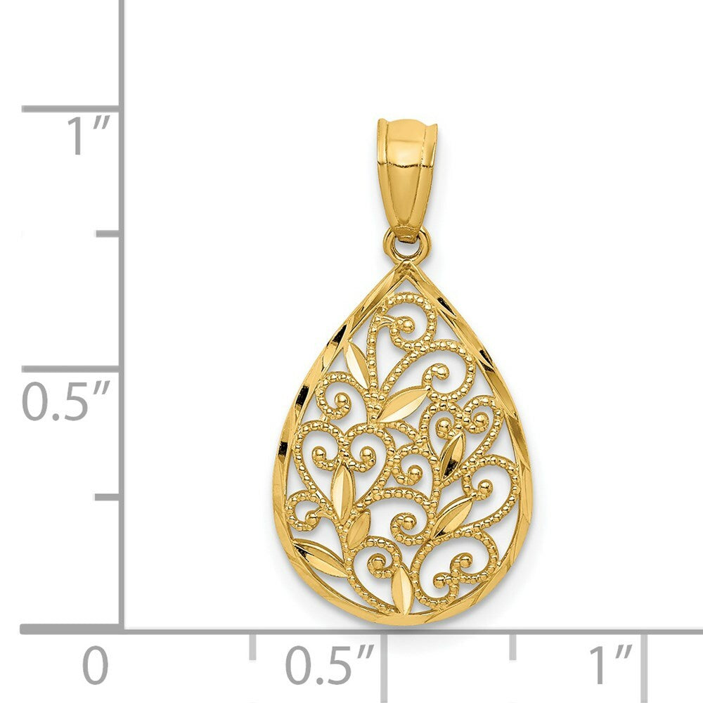 14K Yellow Gold Polished & Textured Small Filigree Teardrop Pendant