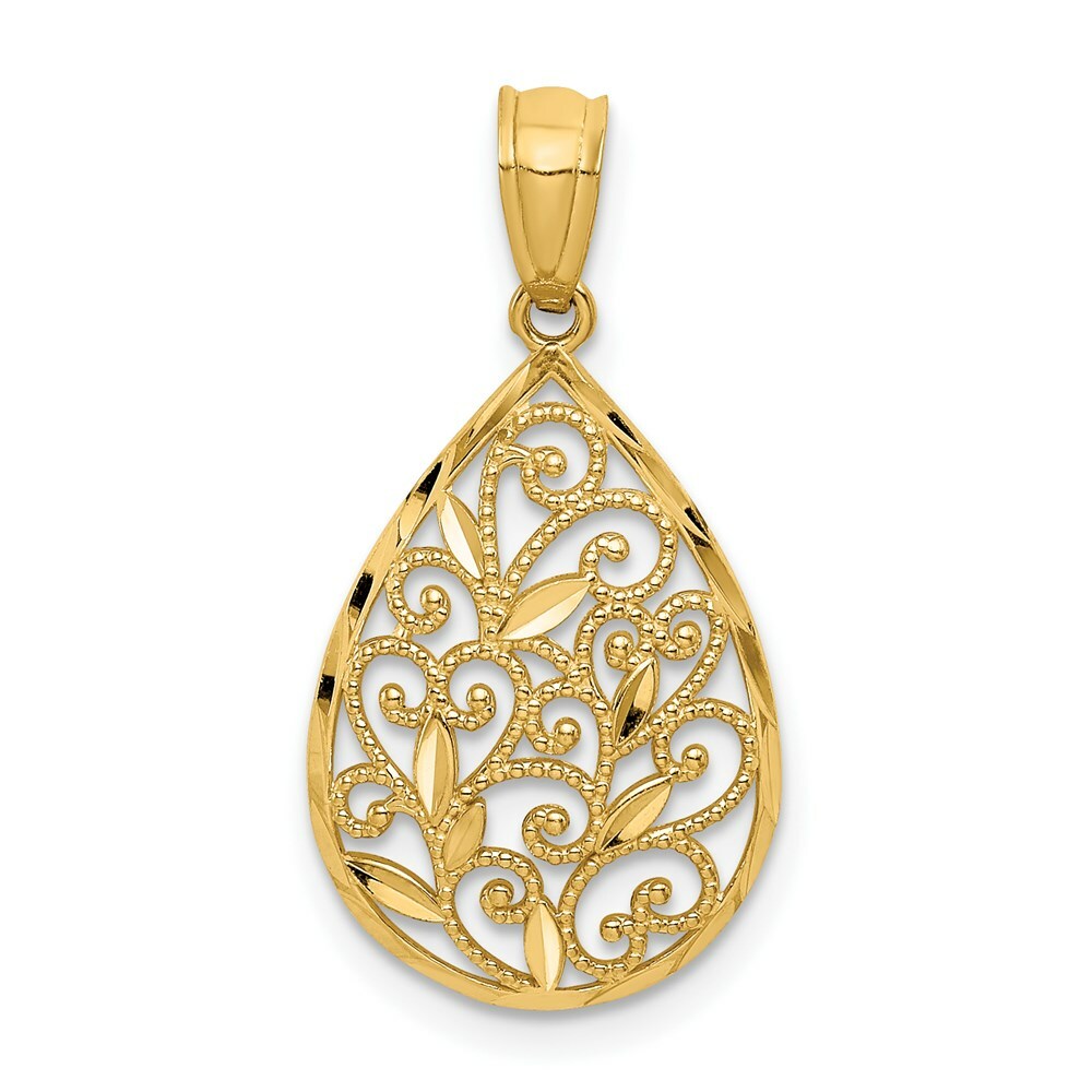 14K Yellow Gold Polished & Textured Small Filigree Teardrop Pendant