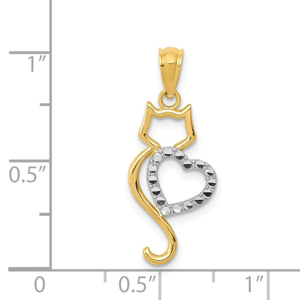 14K Two-tone Gold Polished Cat w/Heart Pendant