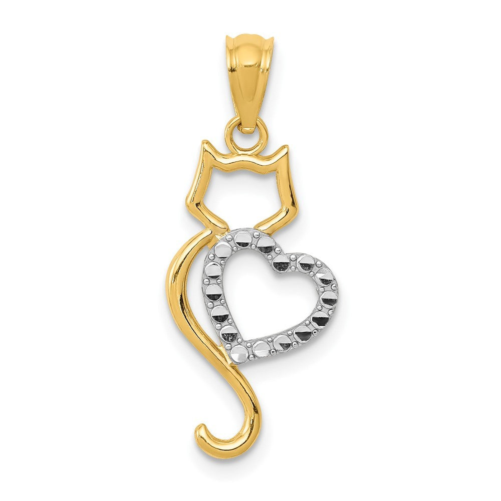 14K Two-tone Gold Polished Cat w/Heart Pendant