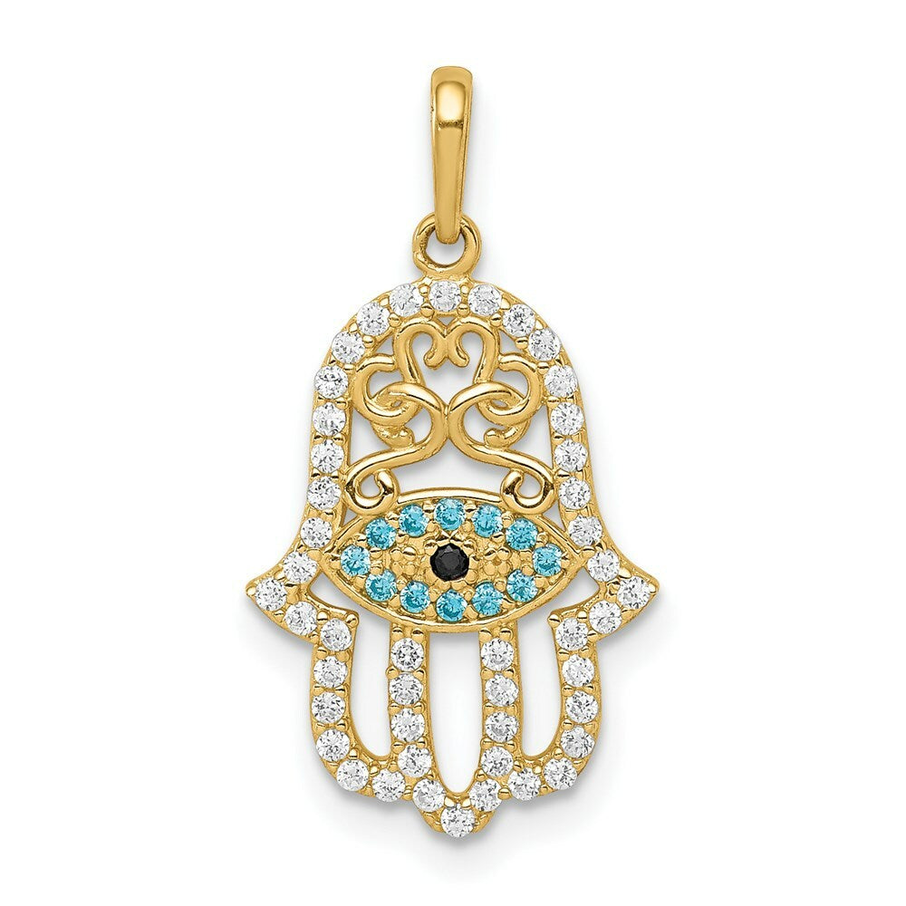 14K Yellow Gold Multi-colored CZ Hamsa Pendant
