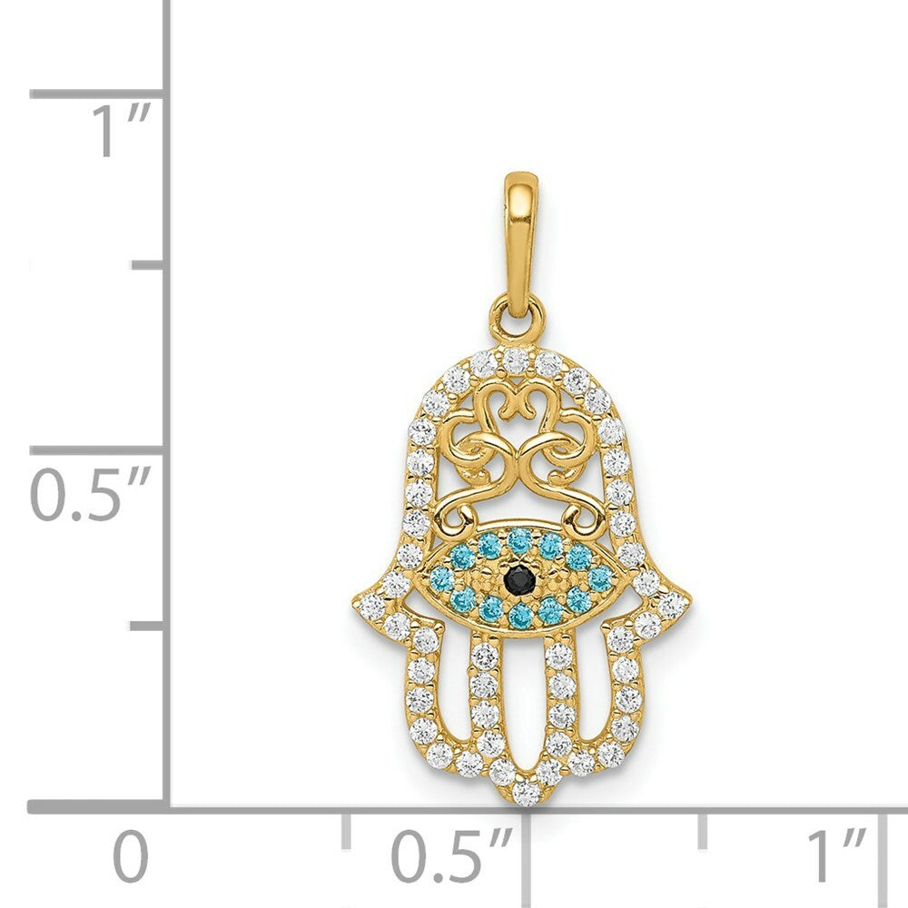 14K Yellow Gold Multi-colored CZ Hamsa Pendant