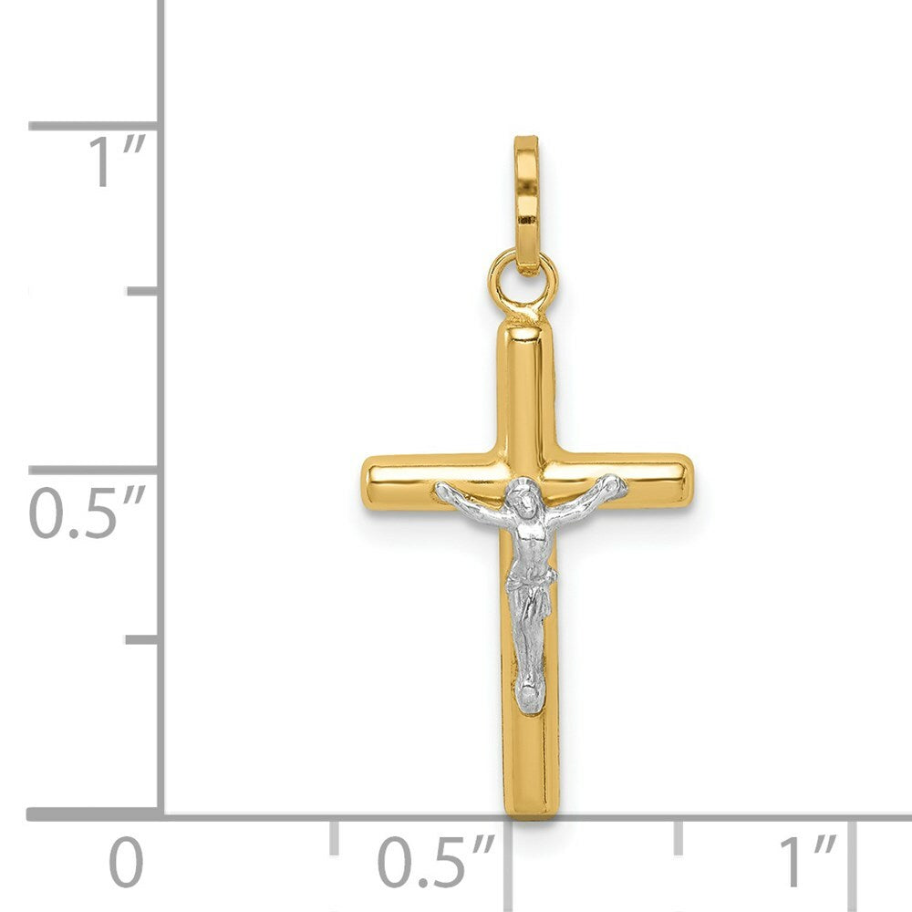 14K Yellow Gold with White Rhodium Polished Hollow Crucifix Charm Pendant