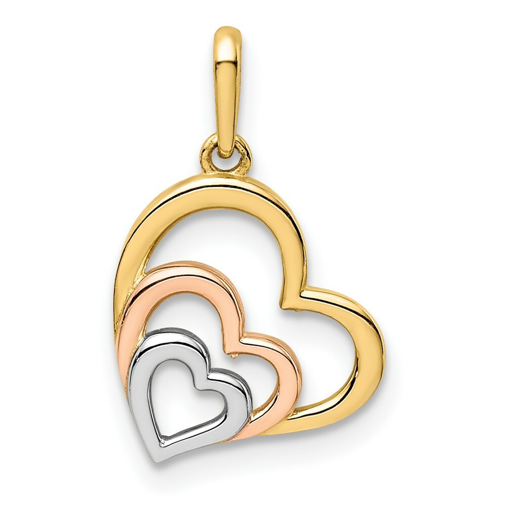 14K Yellow Gold With Rose with White Rhodium Polished 3 Hearts Pendant