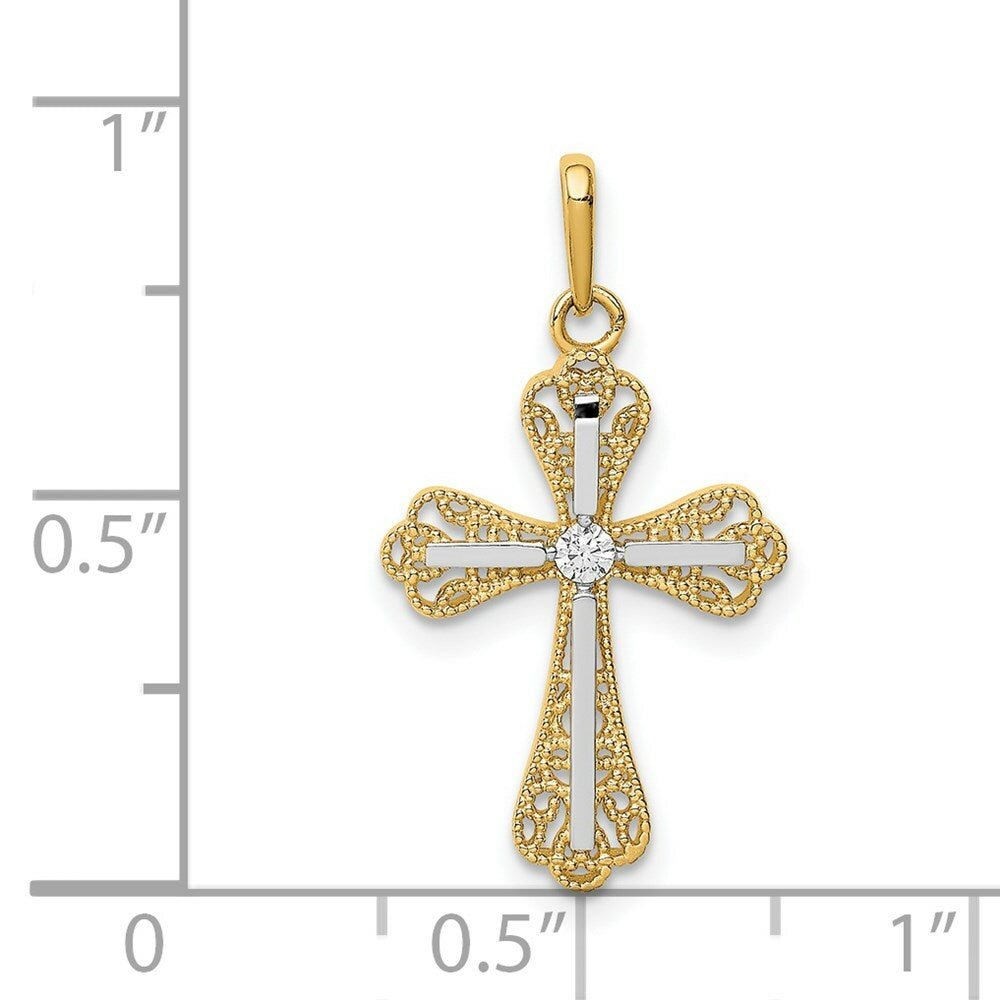 14K Yellow Gold with White Rhodium CZ Cross Pendant