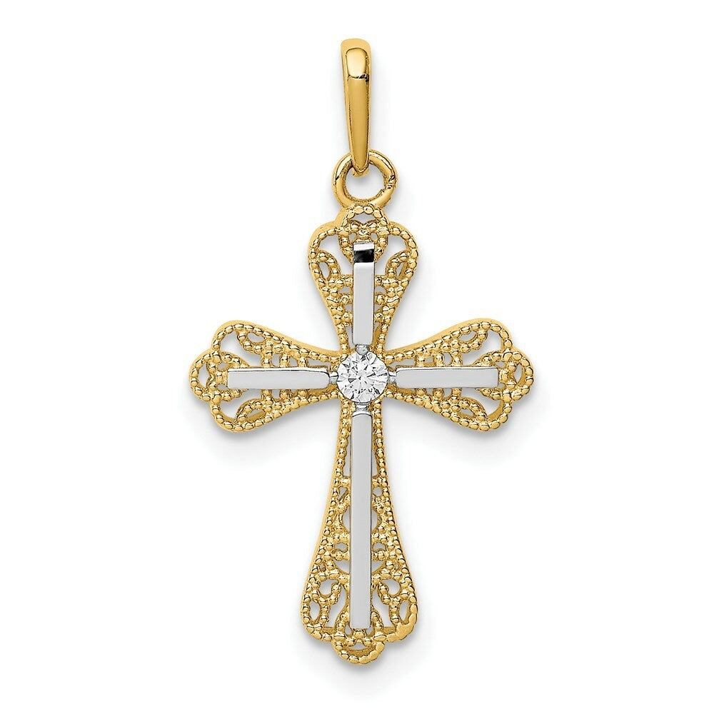 14K Yellow Gold with White Rhodium CZ Cross Pendant