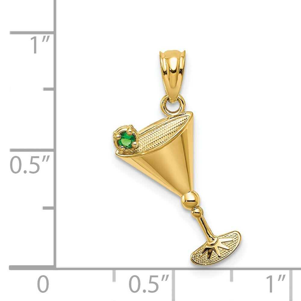 14K Yellow Gold Martini Glass with Green CZ Olive Pendant