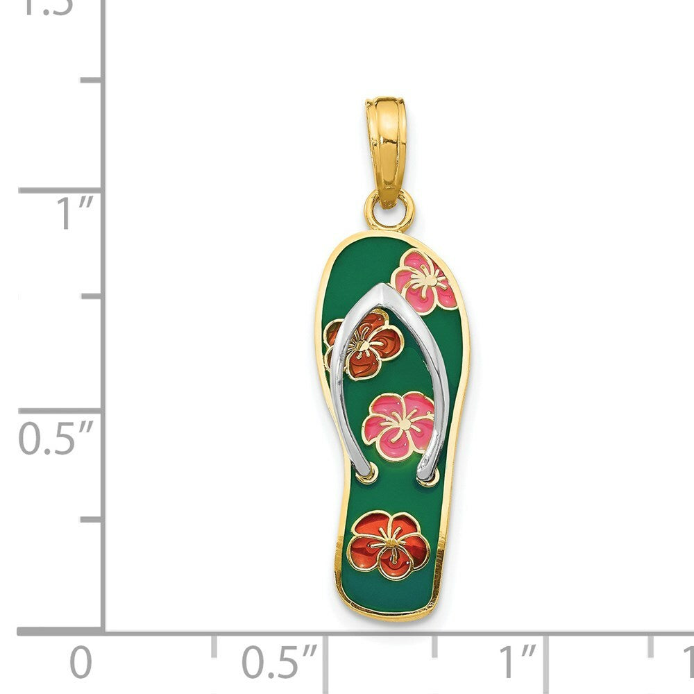 14K Yellow Gold Enameled Flowers on Green Flip Flop Pendant
