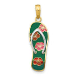 Load image into Gallery viewer, 14K Yellow Gold Enameled Flowers on Green Flip Flop Pendant
