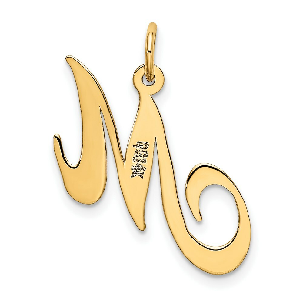 14K Yellow Gold Medium Fancy Script Initial Letter M Charm Pendant