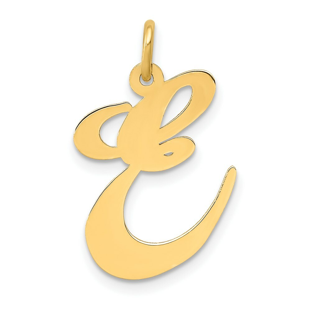 14K Yellow Gold Large Fancy Script Letter Initial E Charm Pendant