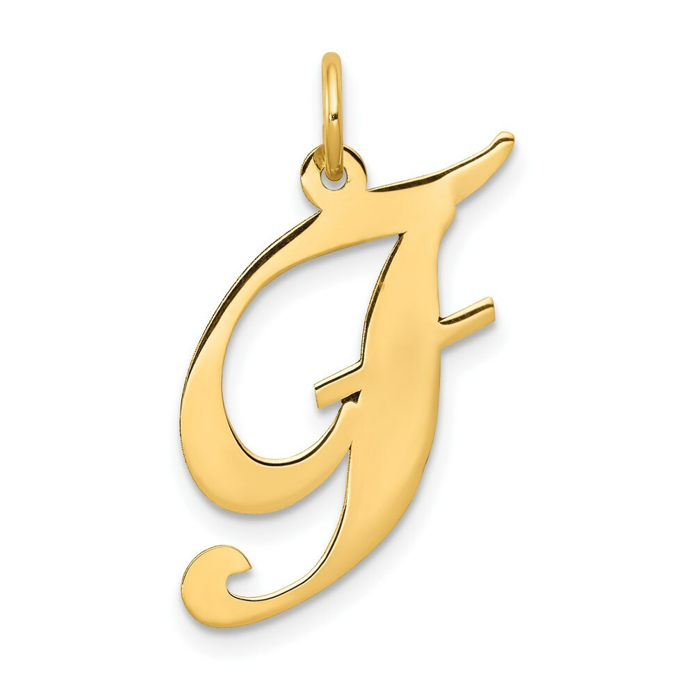 14K Yellow Gold Large Fancy Script Initial Letter F Charm Pendant