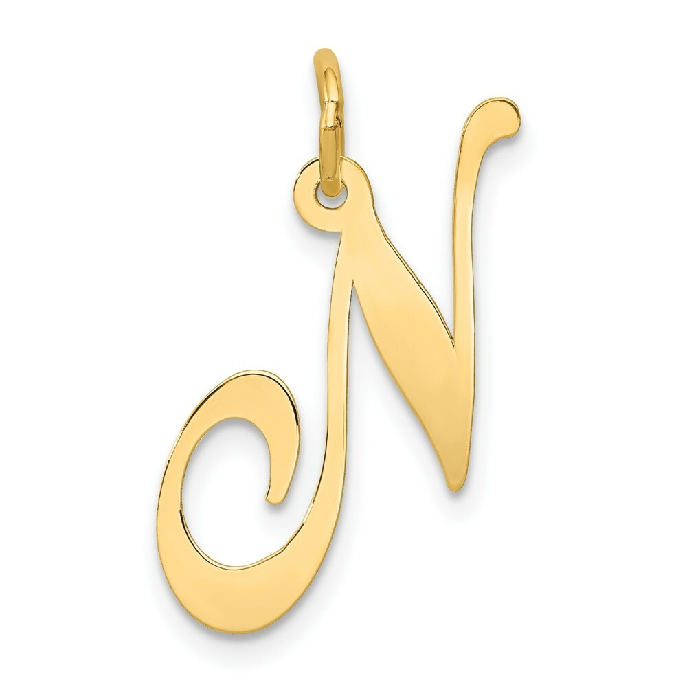 14K Yellow Gold Large Fancy Script Initial Letter N Charm Pendant