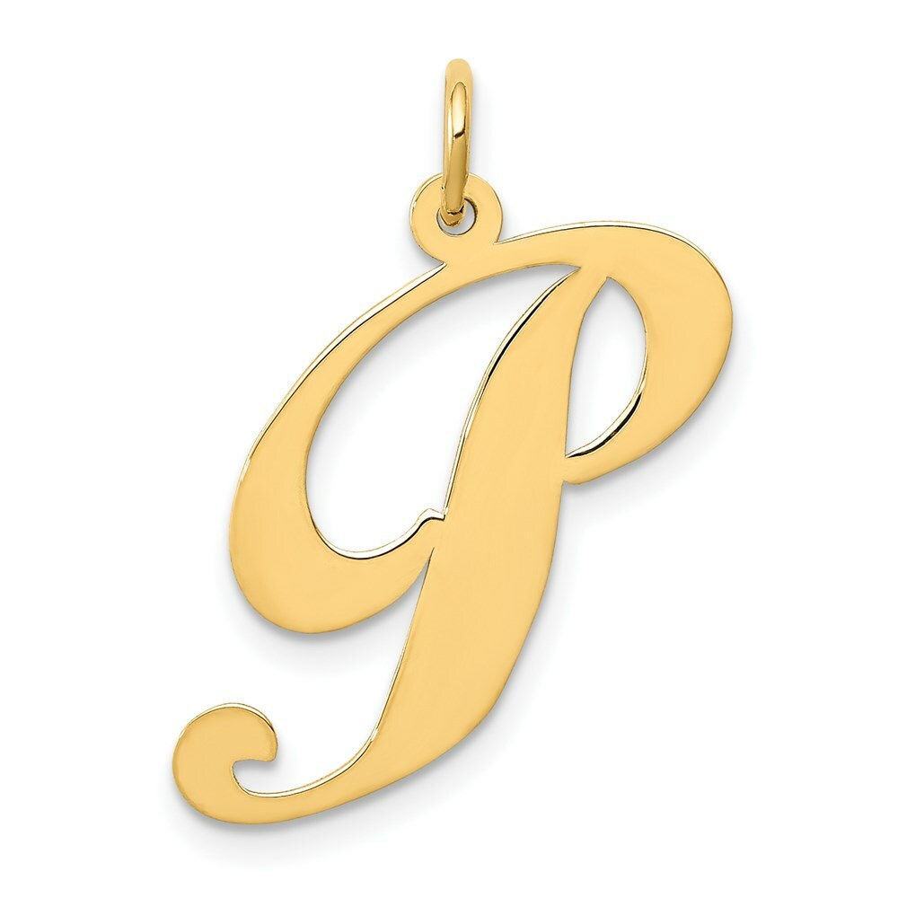 14K Yellow Gold Large Fancy Script Initial Letter P Charm Pendant