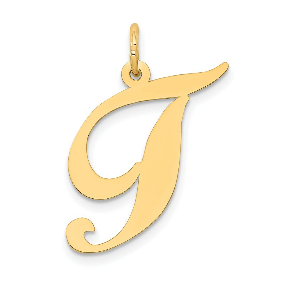 14K Yellow Gold Large Fancy Script Initial Letter T Charm Pendant