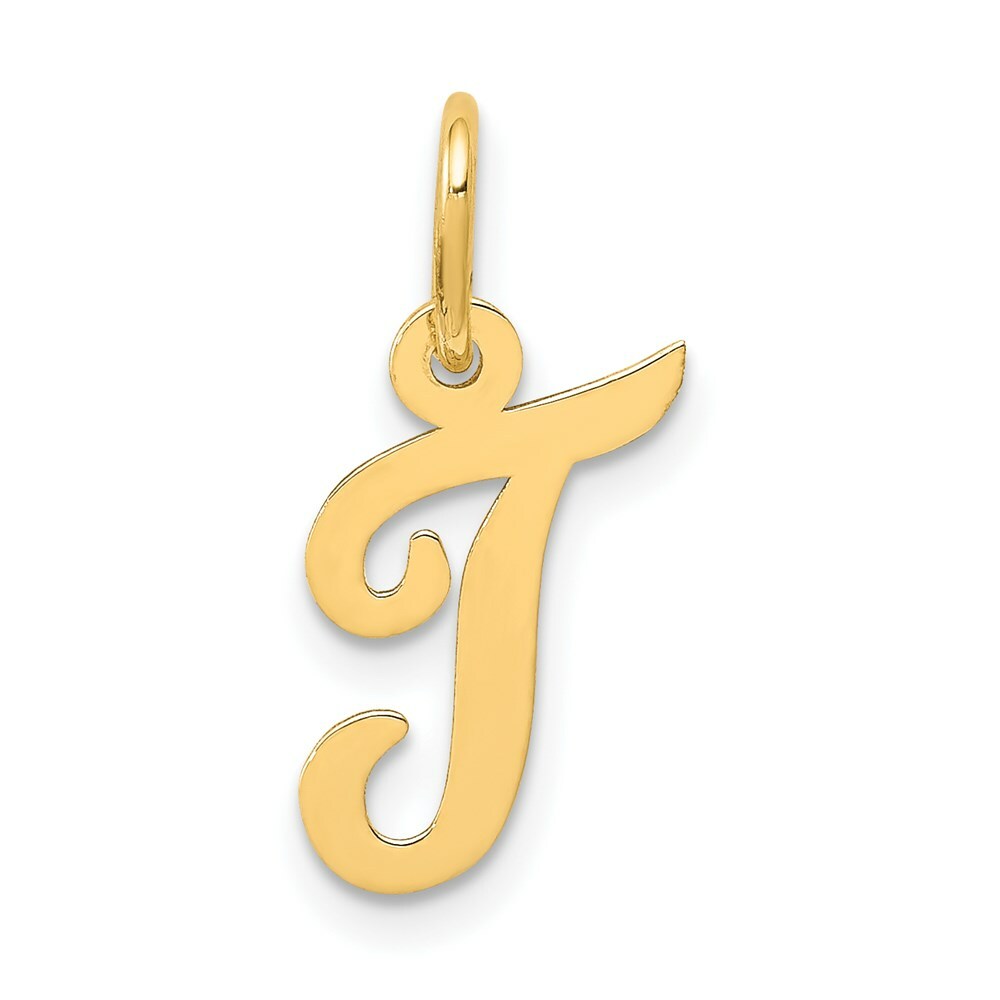 14K Yellow Gold Small Script Letter Initial T Charm Pendant