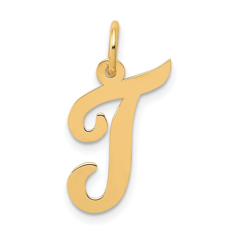 14K Yellow Gold Medium Script Initial Letter T Charm Pendant