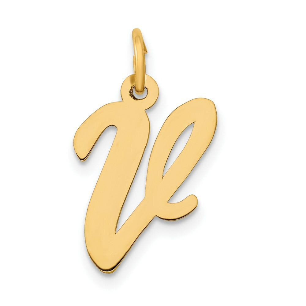 14K Yellow Gold Medium Script Initial Letter V Charm Pendant