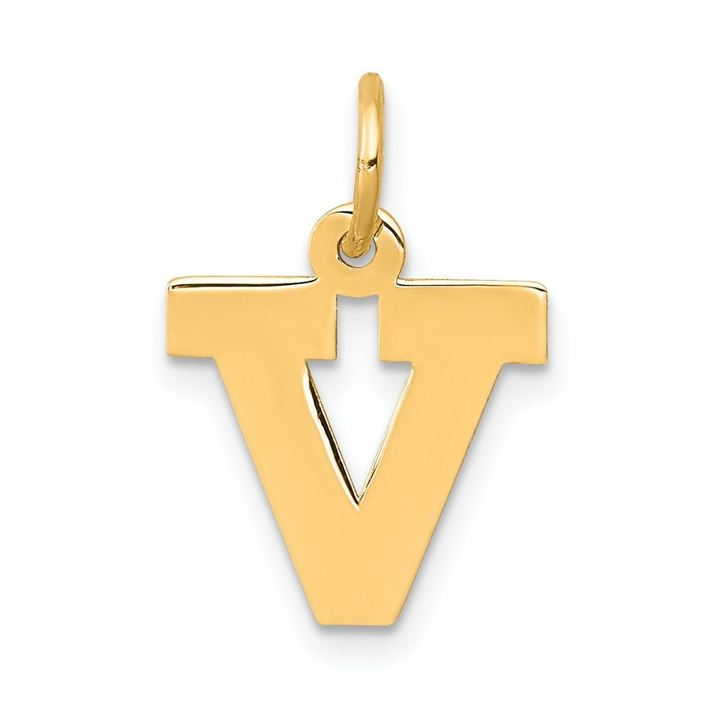14K Yellow Gold Small Block Initial Letter V Charm Pendant