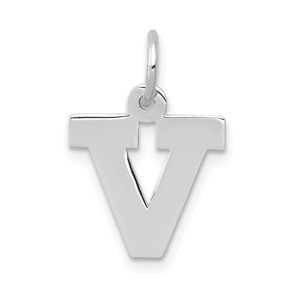 14K White Gold Small Block Initial Letter V Charm Pendant