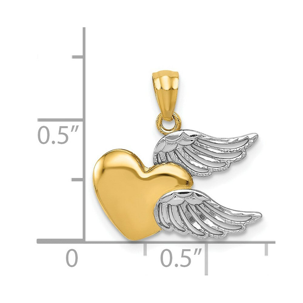 14K Yellow Gold and Rhodium Heart with Wings Pendant