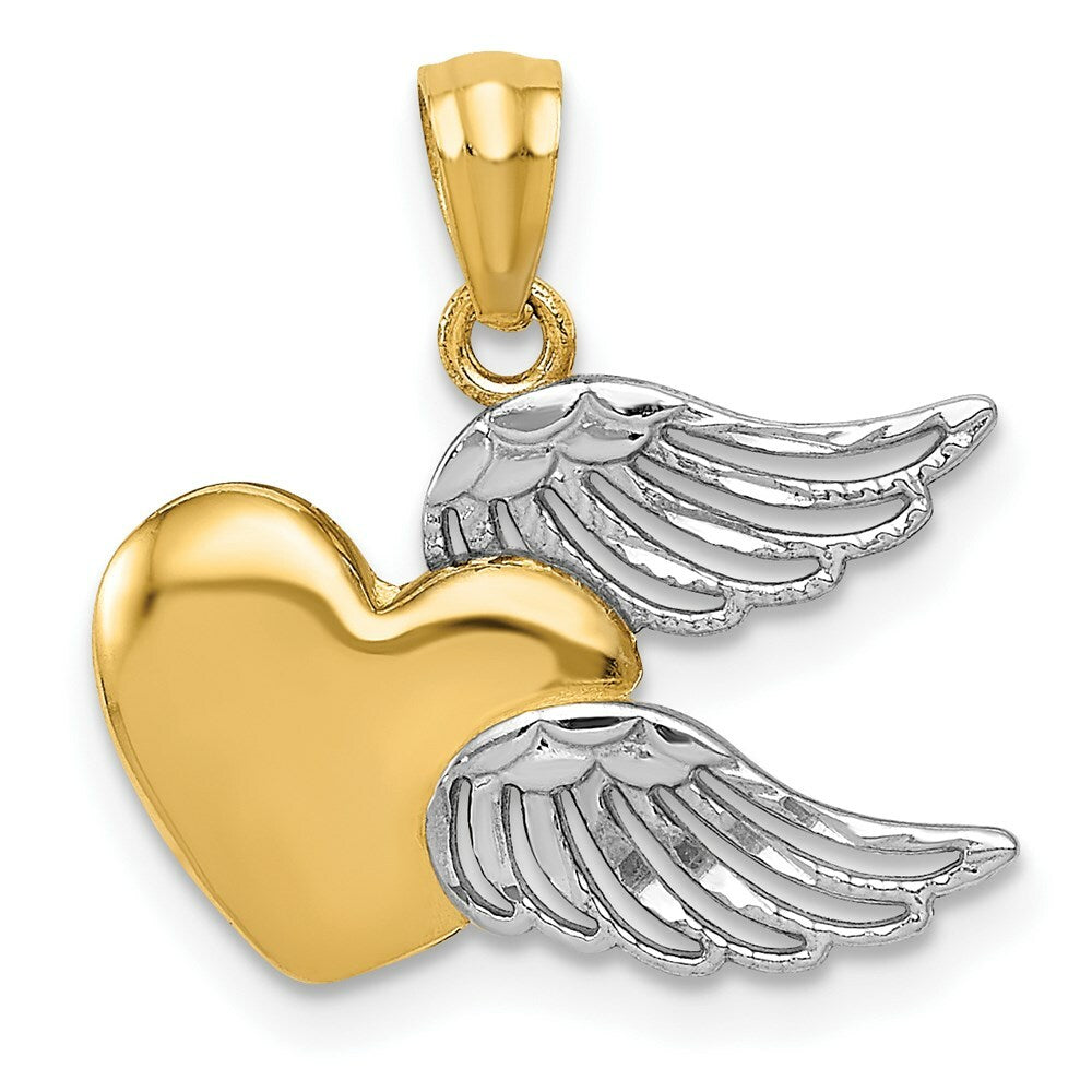 14K Yellow Gold and Rhodium Heart with Wings Pendant
