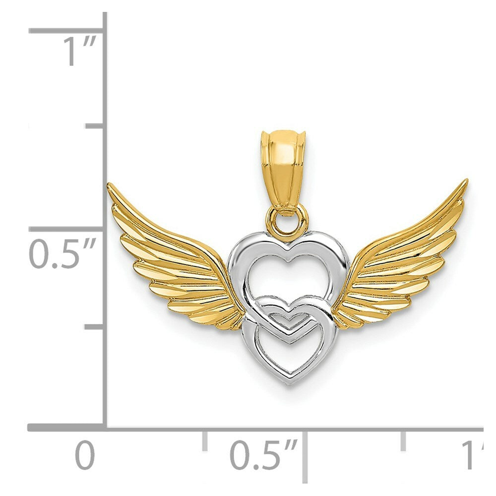 14K Yellow Gold and Rhodium Heart with Wings Pendant