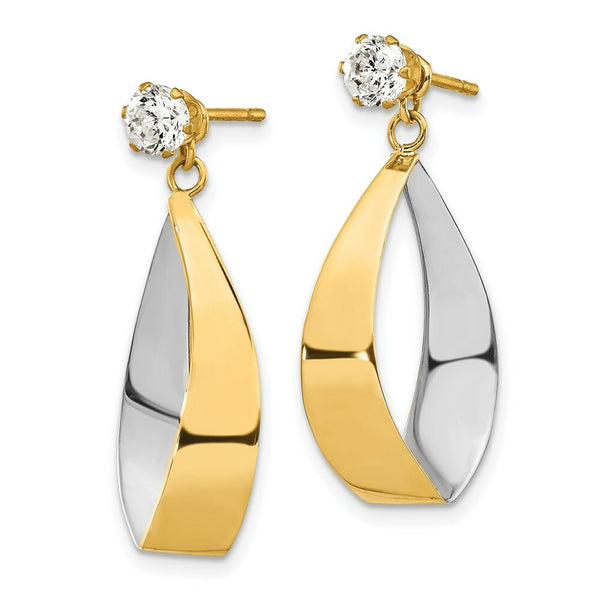 14K Yellow Gold Oval Dangle Jacket w/Rhodium and CZ Earrings