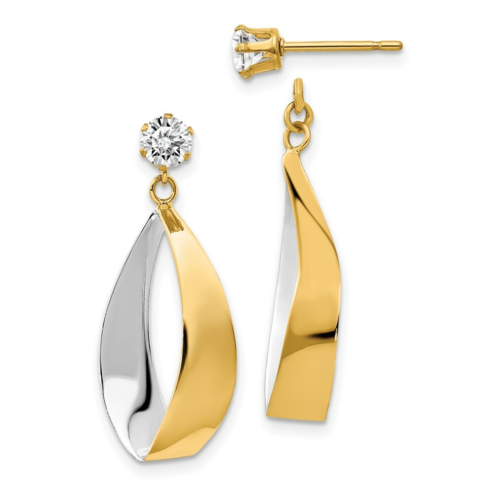 14K Yellow Gold Oval Dangle Jacket w/Rhodium and CZ Earrings