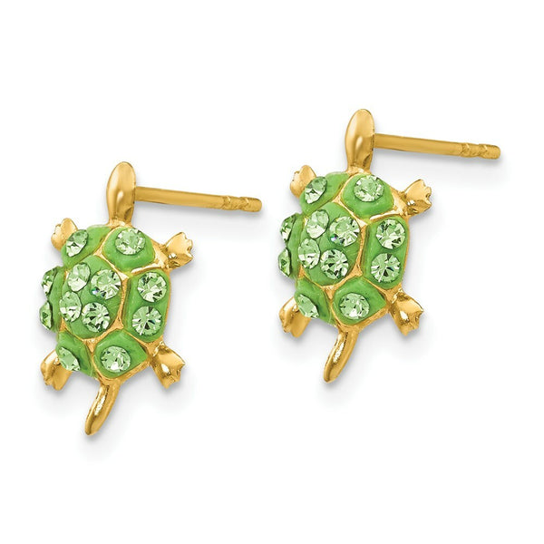 14K Yellow Gold Light Green Crystal Turtle Post Earrings