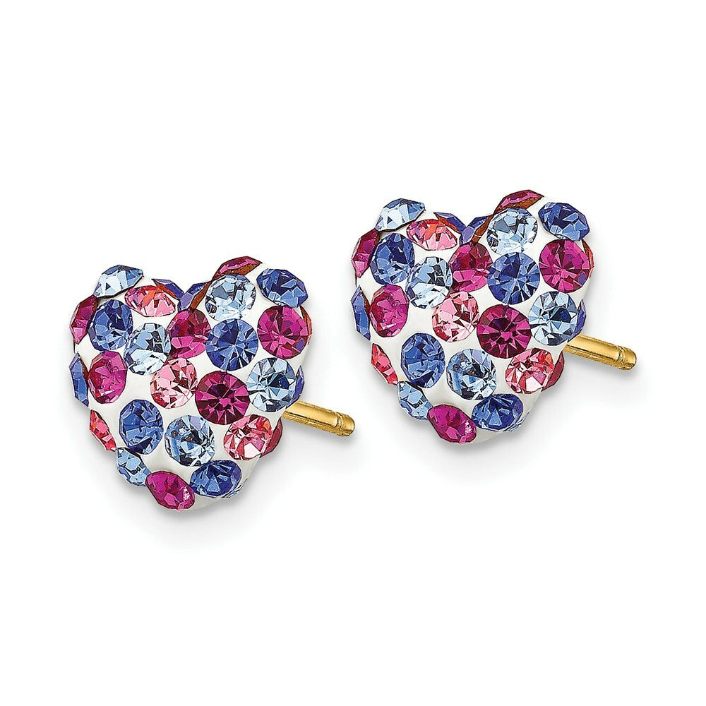 14K Yellow Gold Blue Pink White Crystal 8mm Heart Post Earrings