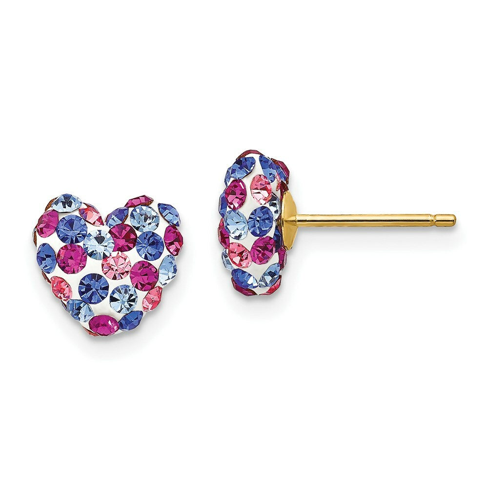 14K Yellow Gold Blue Pink White Crystal 8mm Heart Post Earrings