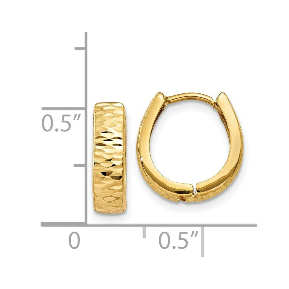 14K Yellow Gold Textured and Polished Hinged Hoop Earrings 12mm length