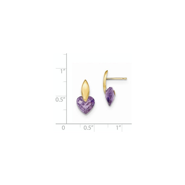 14K Yellow Gold Polished Purple CZ Heart Post Earrings