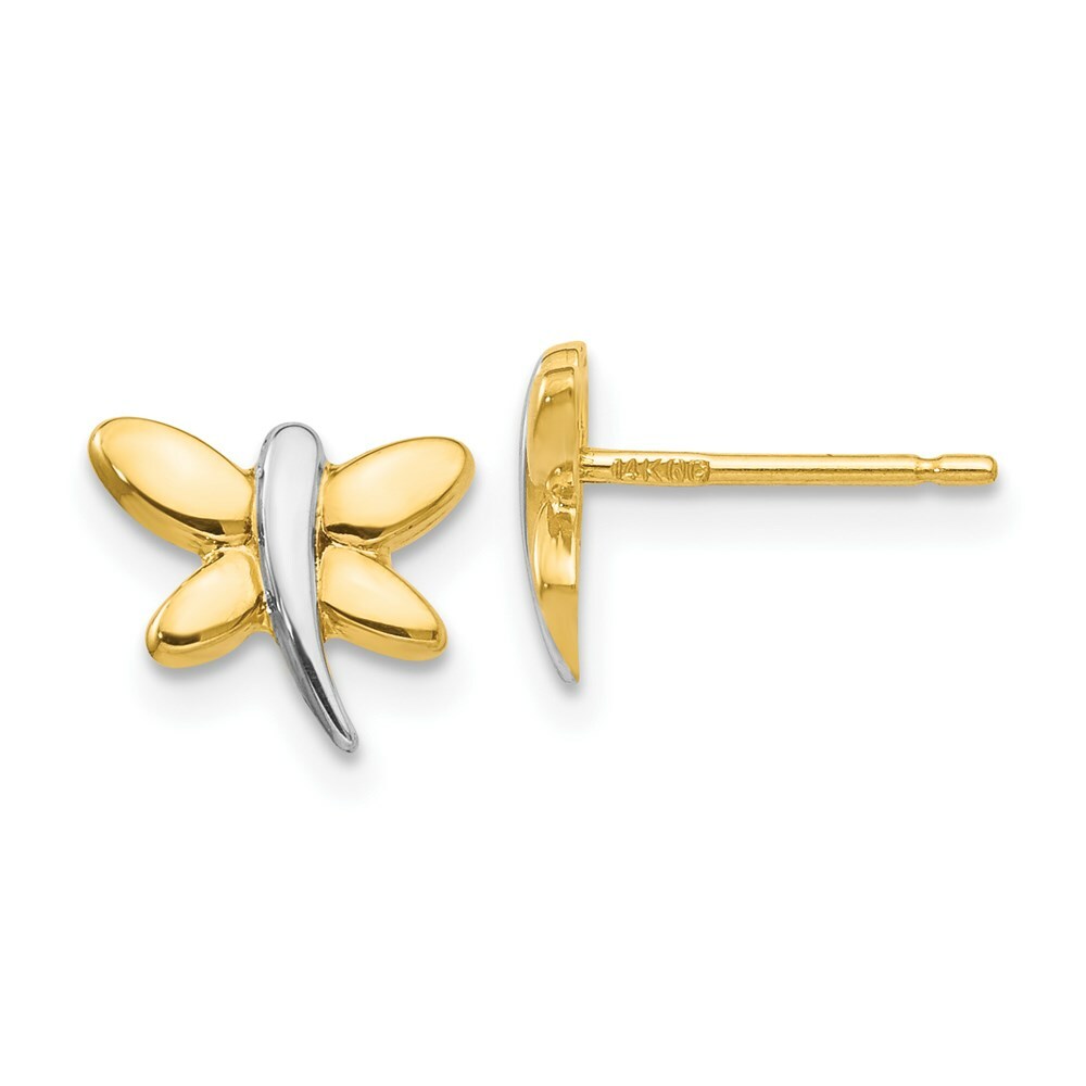 14K Yellow Gold with Rhodium Polished Dragonfly Post Earrings