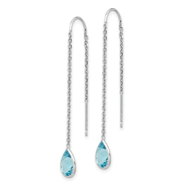 14K White Gold Blue Topaz Pear Bezel Threader Earrings
