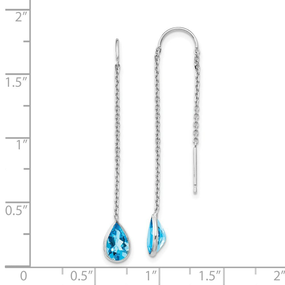 14K White Gold Blue Topaz Pear Bezel Threader Earrings
