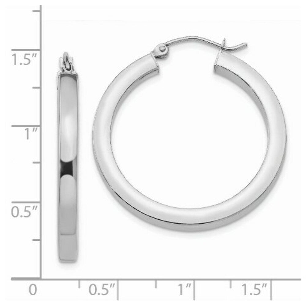 14K White Gold 3mm Polished Square Tube Hoop Earrings  3mm width