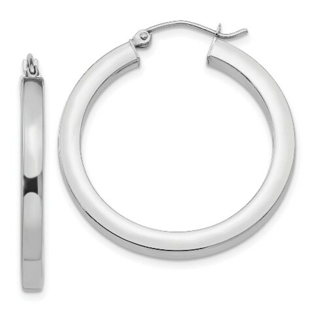 14K White Gold 3mm Polished Square Tube Hoop Earrings  3mm width