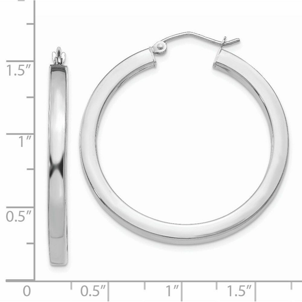 14K White Gold 3mm Polished Square Tube Hoop Earrings  3mm width