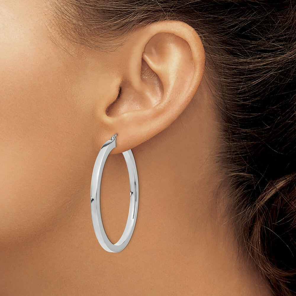 14K White Gold 3mm Polished Square Tube Hoop Earrings  3mm width