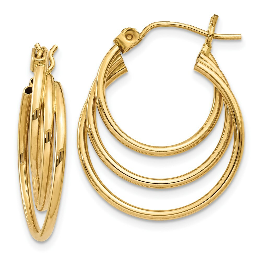 14K Yellow Gold Triple Hoop Earrings  4mm width