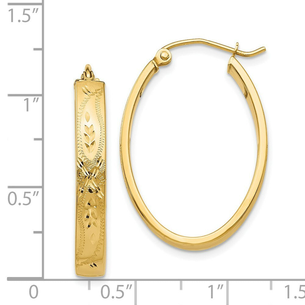 14K Yellow Gold Satin & Diamond-Cut Oval Hoop Earrings  4mm width